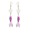 Glass & Shell Dangle Earrings, Fish & Heart 304 Stainless Steel Dangle Earrings for Women, Golden, Purple, 76.5~82x17mm