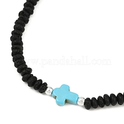 Браслеты-цепочки из натуральной лавы и синтетической бирюзы с бусинами-крестами для мужчин&nbsp;BJEW-JB12054-03