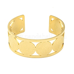 Широкие полые браслеты-манжеты из нержавеющей стали 304 с медальоном Святого Бенедикта&nbsp;BJEW-S154-01G