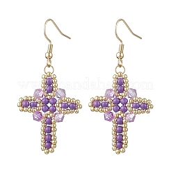 7 пара серег-крестиков из нержавеющей стали 304 с подвесками в виде стеклянных семян&nbsp;EJEW-MZ00506