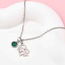 День святого Валентина 304 нержавеющая сталь и зеленое стекло подвеска в виде дельфина в виде сердца ожерелья с цепочкой для женщин&nbsp;NJEW-FS00014-03