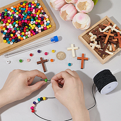 Наборы для самостоятельного изготовления круглых бусин из натурального дерева и ожерелий с подвесками-крестиками&nbsp;DIY-PH0029-12