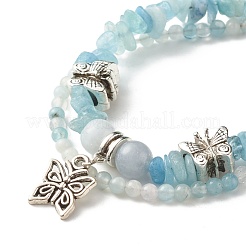 Многорядный браслет с бусинами из натурального аквамарина&nbsp;BJEW-JB07052-04