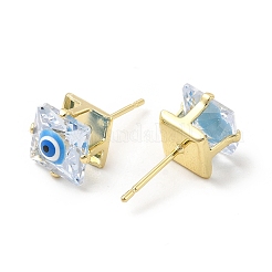 Квадратные стеклянные серьги-гвоздики с эмалью от сглаза&nbsp;EJEW-P210-03G-03