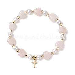 Эластичные браслеты из натуральных и синтетических драгоценных камней: сердца и жемчужные бусины в форме ракушек.&nbsp;BJEW-JB13413