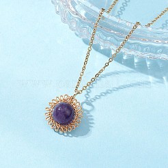 Женское ожерелье-цепочка из нержавеющей стали 304 с подвеской в виде цветка из натурального аметиста и медной проволоки&nbsp;NJEW-JN05616-01