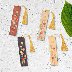 4шт 4-х цветный деревянный прямоугольник с цветочными закладками&nbsp;AJEW-GF0011-64