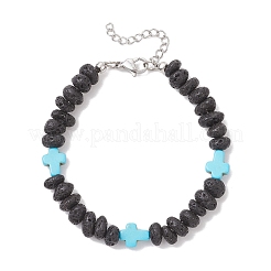 Браслеты из бисера с крестом из синтетической бирюзы и натуральными самородками лавы&nbsp;BJEW-JB12193-02