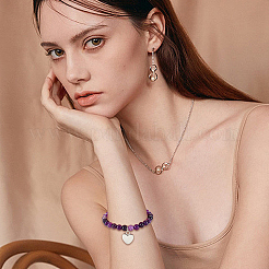 Круглый эластичный браслет из бисера из натурального полосатого агата с подвеской в виде сердца из сплава&nbsp;BJEW-OC0001-09C