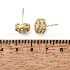 Плоские круглые серьги-гвоздики из латуни с микропаве и прозрачным фианитом&nbsp;EJEW-H180-13G