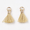 Polycotton(Polyester Cotton) Tassel Pendant Decorations, Mini Tassel, with Brass Clasps & Iron Rings, Light Gold, Wheat, 10~15x3~4mm, Hole: 2mm