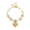 Brass Micro Pave Cubic Zirconia Charm Bracelets for Women, with ABS Plastic Imitation Pearl, Heart, Real 18K Gold Plated, 6-7/8 inch(17.5cm)