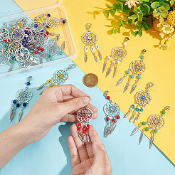 Бусы 24 шт. 2 стиля тканая сетка/паутина с перьями подвеска из сплава в тибетском стиле украшения&nbsp;HJEW-NB0001-93