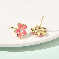 Серьги-гвоздики с цветочным рисунком из латуни и АБС-пластика с жемчугом&nbsp;EJEW-P336-07G-07