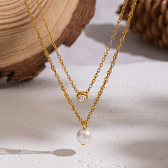 Двухслойные ожерелья для женщин из нержавеющей стали 304 с прозрачными кубическими цирконами и имитацией жемчуга&nbsp;AM8128