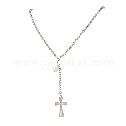 Крест из нержавеющей стали 304 с натуральным жемчугом риса&nbsp;NJEW-JN05784
