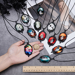 12 шт. 12-цветный готический овальный кулон из цинкового сплава и стекла на шнуре из черной искусственной кожи&nbsp;NJEW-WR0001-08