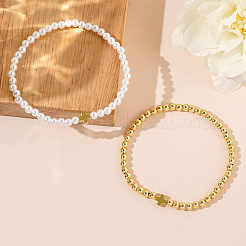 2 шт. минималистичный набор эластичных браслетов с крестом из искусственного жемчуга и латуни.&nbsp;QX2906-1