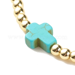 Эластичный браслет круглой формы из синтетического гематита с крестом из синтетической бирюзы (крашеный)&nbsp;BJEW-JB07974-01