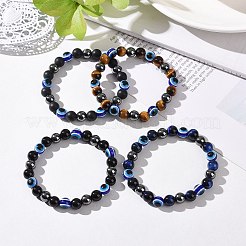 4 шт. натуральный драгоценный камень и сглаз смолы бусины стрейч браслеты набор для женщин мужчин BJEW-JB08940