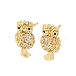 Серьги-гвоздики в форме совы из латуни с микропаве из прозрачных кубических цирконий&nbsp;EJEW-F400-15G