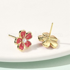 Серьги-гвоздики с цветочным рисунком из латуни и АБС-пластика с жемчугом&nbsp;EJEW-P336-07G-02