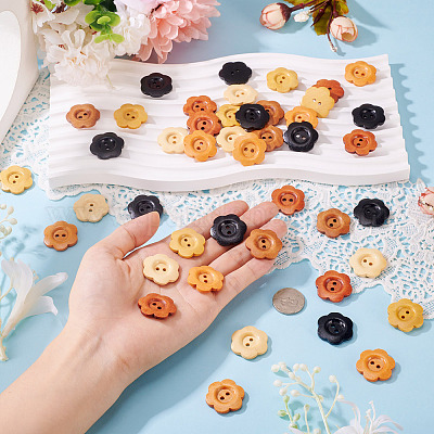 90 шт. 6-х цветные деревянные пуговицы-цветы с 2 отверстиями&nbsp;BUTT-TA0001-40D-1