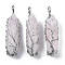 Natural Rose Quartz Big Wire Wrapped Pointed Pendants, with Brass Wires, prismatic with Tree of Life, Platinum, 48~62x14~17x13~18mm, Hole: 4x5~6mm