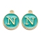 Golden Plated Alloy Enamel Charms, Enamelled Sequins, Flat Round with Alphabet, Letter.N, Green, 14x12x2mm, Hole: 1.5mm