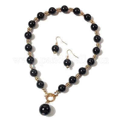 Комплекты из круглых бусин с подвесками и висячих серег из искусственного жемчуга из АБС-пластика для женщин WGD1C77-01-1