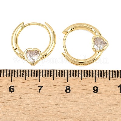 Серьги-кольца из латуни с микропаве и прозрачным кубическим цирконием в форме сердца&nbsp;EJEW-D348-13G-1