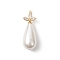 Electroplate Shell Pearl Teardrop Pendants, with Leaf Brass Micro Pave Clear Cubic Zirconia Bails, Golden, White, 30.5x10.5mm, Hole: 5.5x3.5mm
