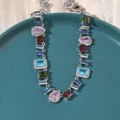 Теннисные ожерелья в форме капли с квадратом и латунным паве из разноцветных кубических цирконий&nbsp;NJEW-G183-09P