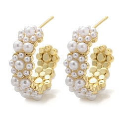 Серьги-гвоздики из искусственного жемчуга с цветком из латуни и АБС-пластика&nbsp;EJEW-M082-05G