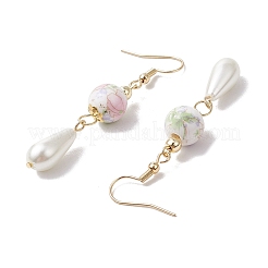 Круглые с цветочным узором фарфоровые керамические серьги-подвески&nbsp;EJEW-JE06347