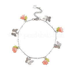 Браслеты на ногу из латунной цепочки с подвесками в виде бабочек и стеклянных цветов из нержавеющей стали 201&nbsp;AJEW-AN00736-03