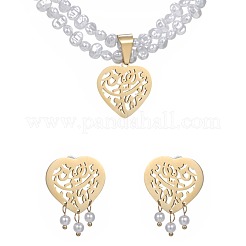Комплекты ожерелий и серег-гвоздиков из овальных бусин с подвесками в форме сердца из нержавеющей стали 304 и пластиковой имитацией жемчуга для женщин FS-WGFF69E-01