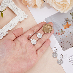 4 пара латунных текстурированных плоских круглых серег с застежкой-русалкой EJEW-HS0001-22P