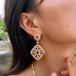 Серьги-гвоздики с подвесками из латуни с микропаве из кубических цирконий в форме овала и ромбов&nbsp;FS-WG1B36C-01