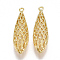 Brass Pendants, Hollow, teardrop, Nickel Free, Real 18K Gold Plated, 35x10x7.5mm, Hole: 1.6mm