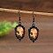 Zinc Alloy Glass Dangle Earrings, Oval, Black, Witch, 50x15mm