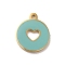 304 Stainless Steel Enamel Charms, Flat Round with Hollow Heart Charm, Real 14K Gold Plated, Aqua, 12x10x1mm, Hole: 1mm