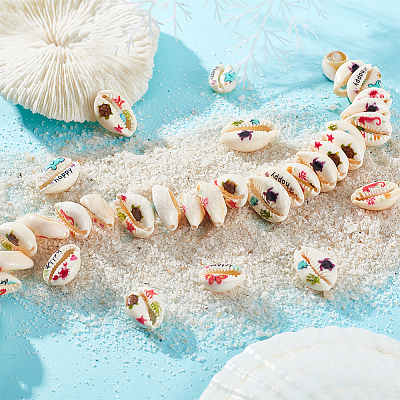 60шт 6 вида печатных натуральных бусин из ракушек каури SHEL-PH0001-43-1