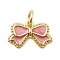 Brass Enamel Pendants, Bowknot Charms, Rack Plating, Long-Lasting Plated, Cadmium Free & Lead Free, Real 18K Gold Plated, with Jump Ring & Glitter Powder, Pink, 9x14x2.5mm, Hole: 3mm