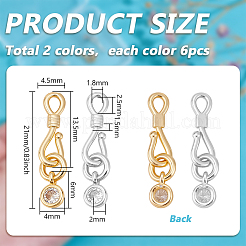 12 шт. застежки-крючки и S-образные крючки из латуни с микропаве из прозрачного кубического циркония двух цветов&nbsp;KK-PH0013-34