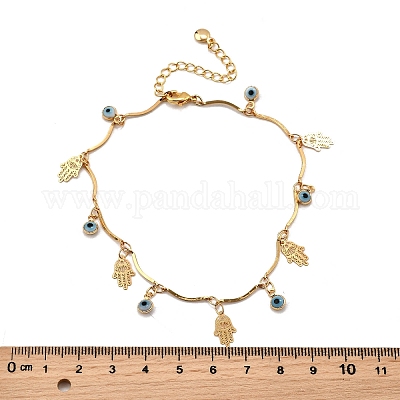 Браслеты на ногу из богемской латуни и смолы светло-голубого цвета с кисточками в виде руки хамда&nbsp;LS-AJEW-Z046-01G-1