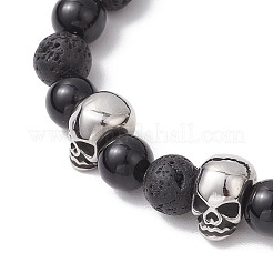 Браслеты из круглых бусин из натуральной лавы и черного оникса&nbsp;BJEW-TA00681