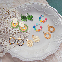 6 пара акриловых серег-гвоздиков в виде листьев монстеры и круглого кольца с железными штифтами&nbsp;EJEW-AN0001-17