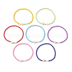 7 шт. эластичный браслет из стеклянного бисера с латунным крестиком и искусственным жемчугом&nbsp;BJEW-MZ00299