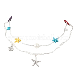 Двухслойные ожерелья из круглого жемчуга и окрашенной искусственной бирюзы с морскими звездами и латунных изогнутых трубчатых бусин&nbsp;NJEW-TA00220